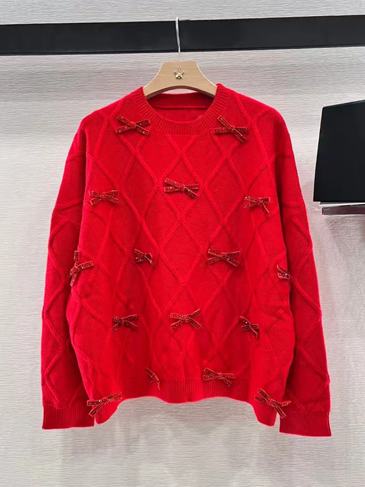 Spring 2025 Women's new heavy craft beaded bow decorated retro diamond wool sweater Fashion everything loose knit pullover