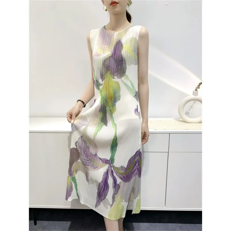 Summer pleated long skirt with split sleeveless round neck dress for women literary style niche and high-end feeling [L-621]