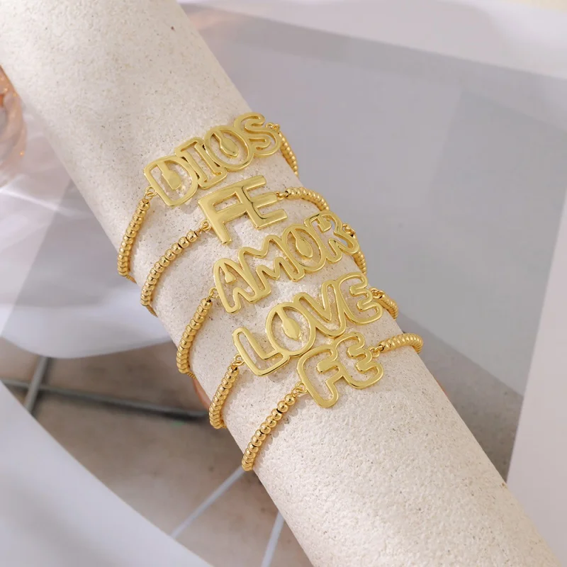 Gold-tone Cutout Letter Bead Adjustable Bracelet (FE / LOVE / DIOS / AMOR)