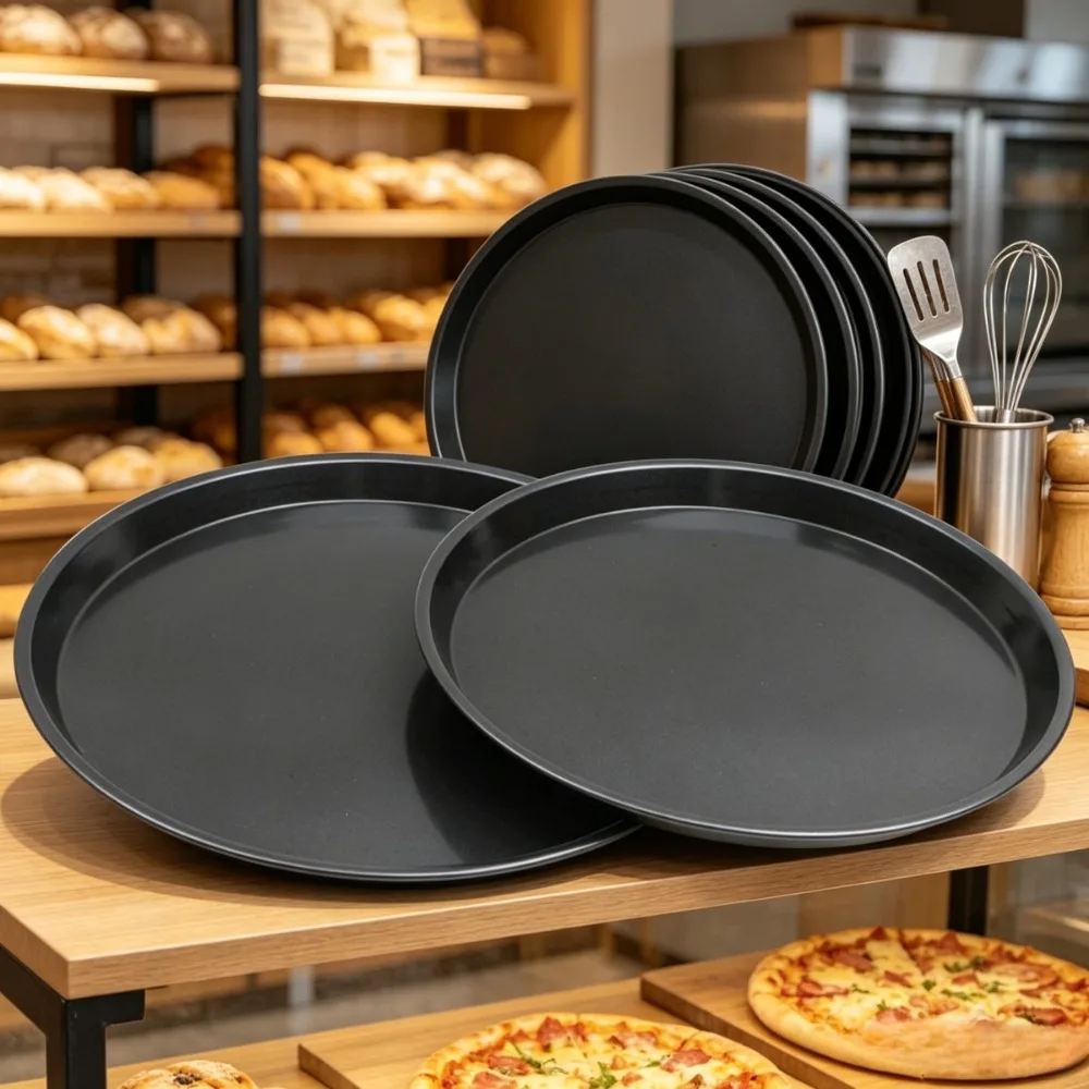 Non-Stick Pizza Pan Set, Round Pizza Baking Trays, Black Thickened Pizza Bakeware with Fast Even Heat Conduction, Oven Safe