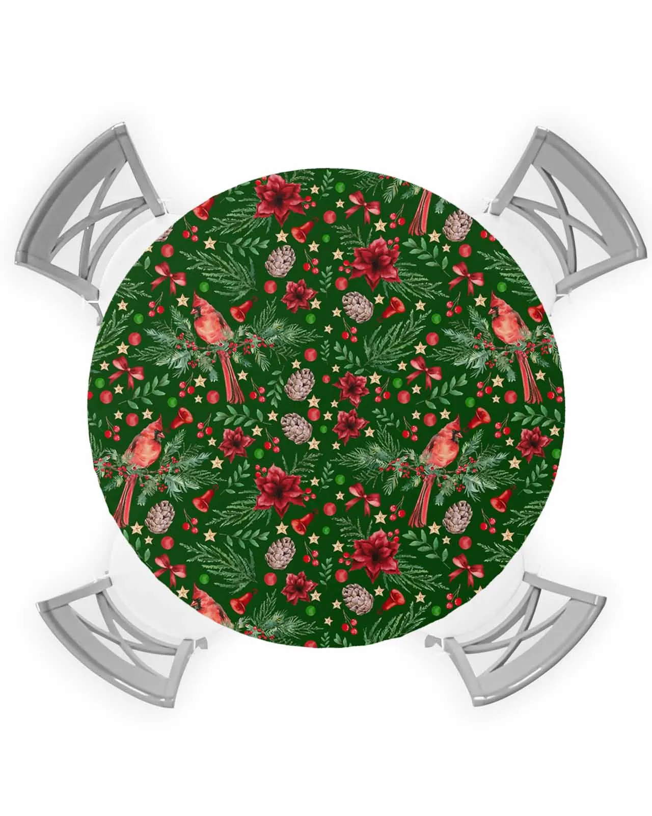 Christmas Berry Pinecone Bow Dark Green Background Round Elastic Edged Table Cover Protector Cloth Waterproof Fitted Tablecloth