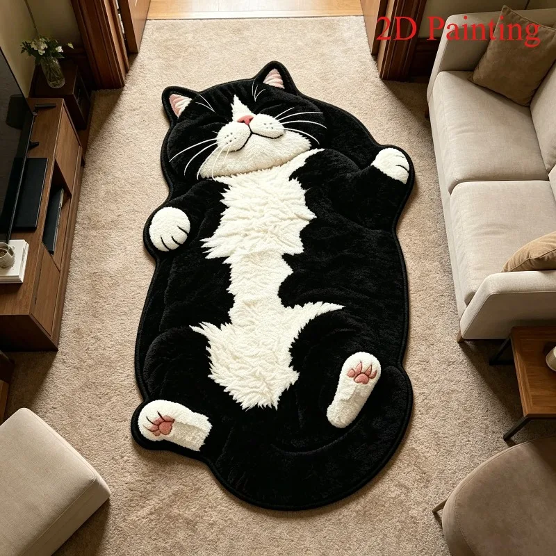 VIKAMA Cute Lying‑down Black White Cat Shaped Rug Soft Plush Irregular Animal Mat Non‑slip Creative Cartoon Indoor Floor Carpet