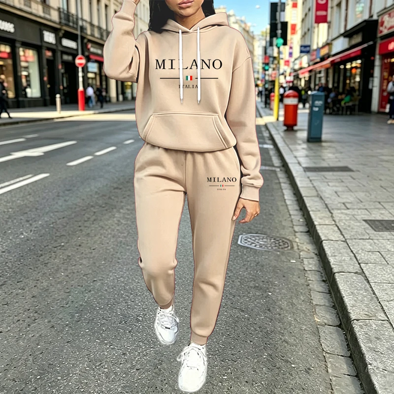 Herbst Winter Damen-Sets 2-teilig Hoodies Hosen Anzug Sportoutfits 2026 MILANO Buchstaben-Print Ästhetische Kleidung Damen Trainingsanzug – Detail 2