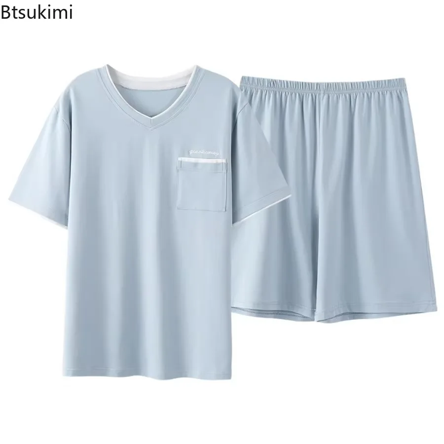 2024 Summer Breathable Modal Cotton Pajamas for Men Fashion V Neck Short Sleeve Shorts Home Loungewear Men Simple Sleepwear Sets