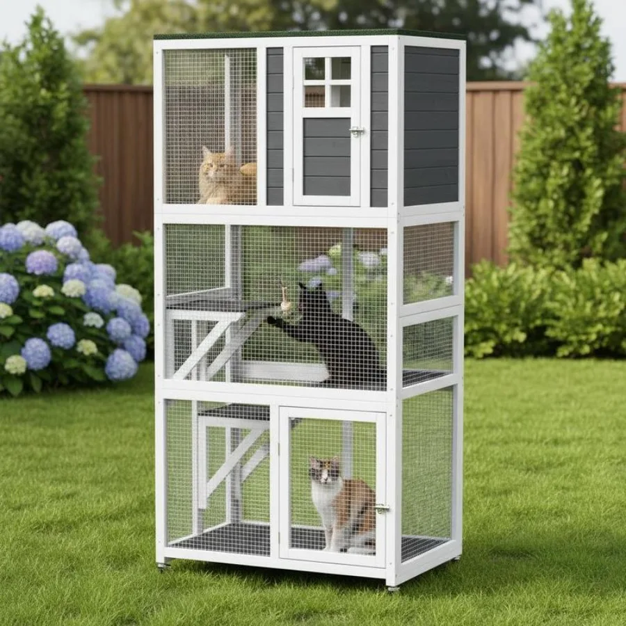 

PawHut Wooden Catio Cat Outdoor Enclosure, Cat Cage with Waterproof Roof, Platforms, for Multiple Cats, White