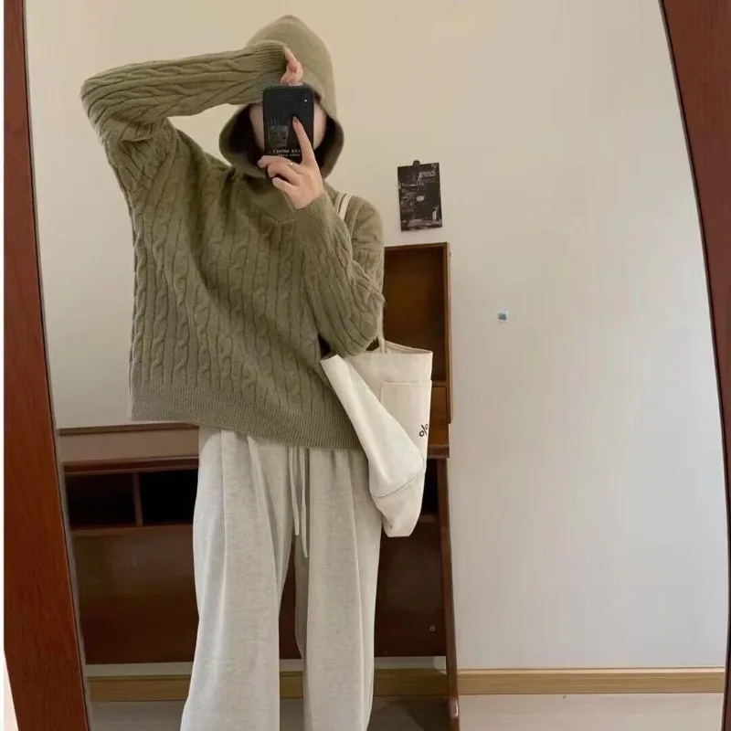 women sweater 2025 Autumn Winter New Women's Cable Knit Hoodie Retro Lazy Loose Fit Soft Cozy Trendy Knit Sweater