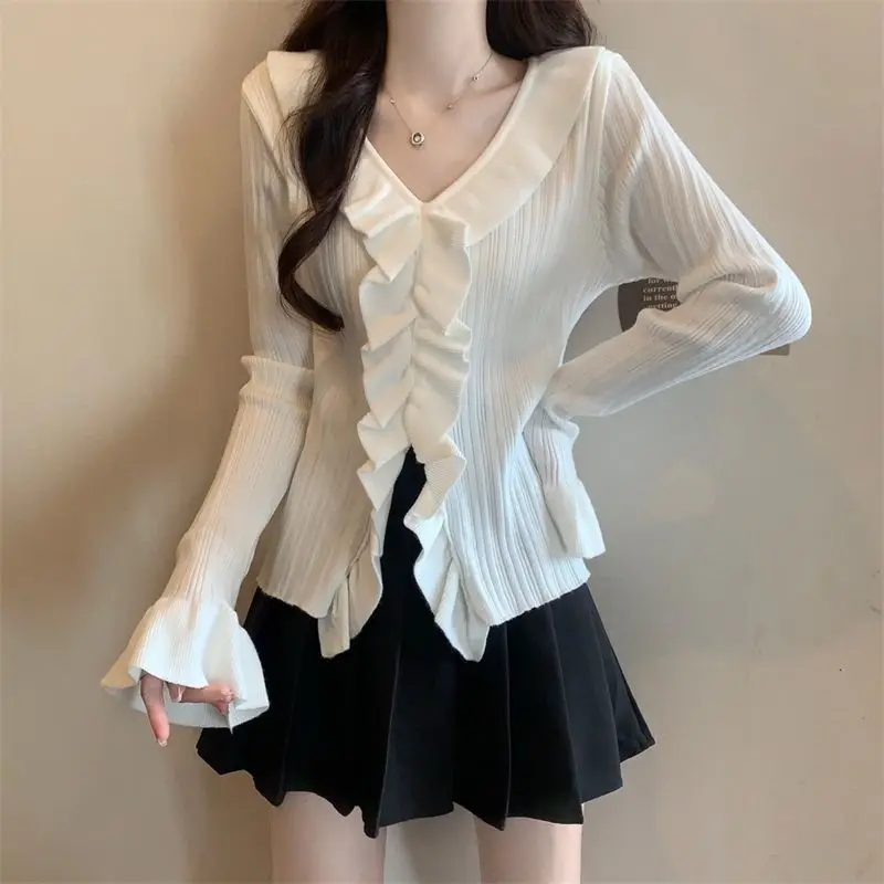 Sweet Ruffle Edge Patchwork V คอบานแขนถักเสื้อกันหนาวผู้หญิง SLIM FIT อเนกประสงค์ TOP อินเทรนด์