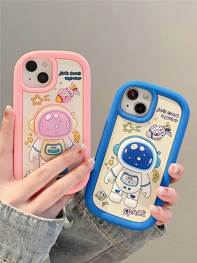 

Cartoon Astronaut With Stand Holder Silicone Phone Case For iPhone 15 14 13 11 12 Pro Max