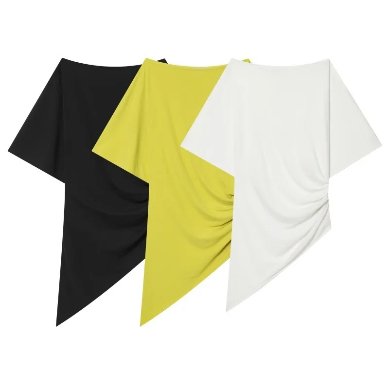 

Withered Women's Clothing 2026 Summer New Product Short Sleeved Boat Neck Casual Pleated Asymmetrical Top For Women
