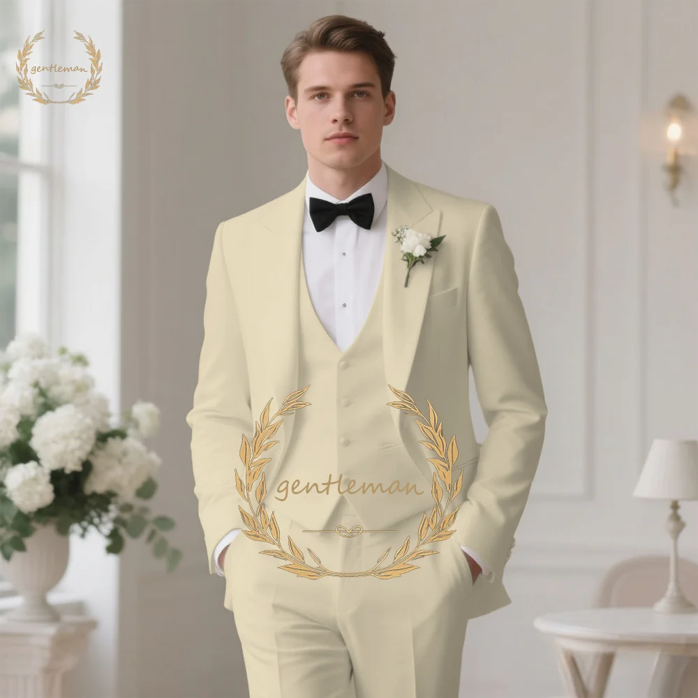 Elegant Ivory 3PC Suit Set for Bridegroom Ceremony Tailored Fit Jacket Waistcoat Trousers Premium Wedding Attire