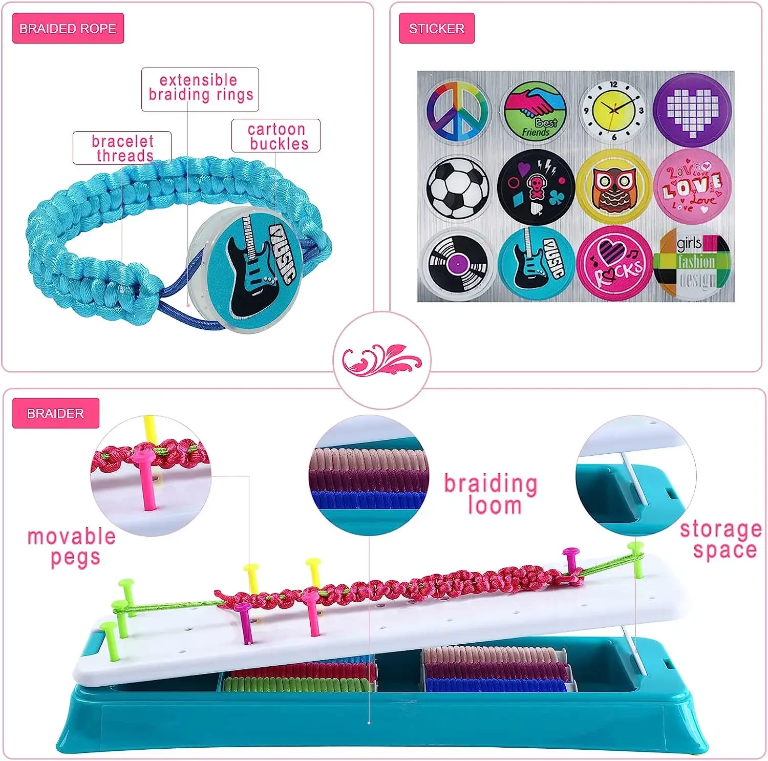 Friendship Bracelet Making Kit for Girls, DIY Friendship Bracelet Maker Set Include Braide Loom, Adjustable Pegs, Stickers