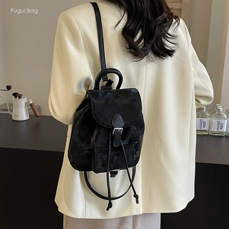 Women\'s Backpack Retro New Casual Fashion Versatile Student Commuting Simple Drawstring Personality More High-end Feeling