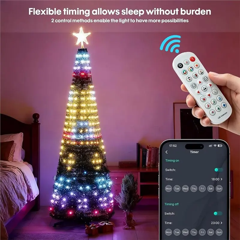 T19C Smart DIY Color Changing Waterfall Xmas Tree Lights 256LED With Top-Star Remote& APP Control Christmas 2.4M