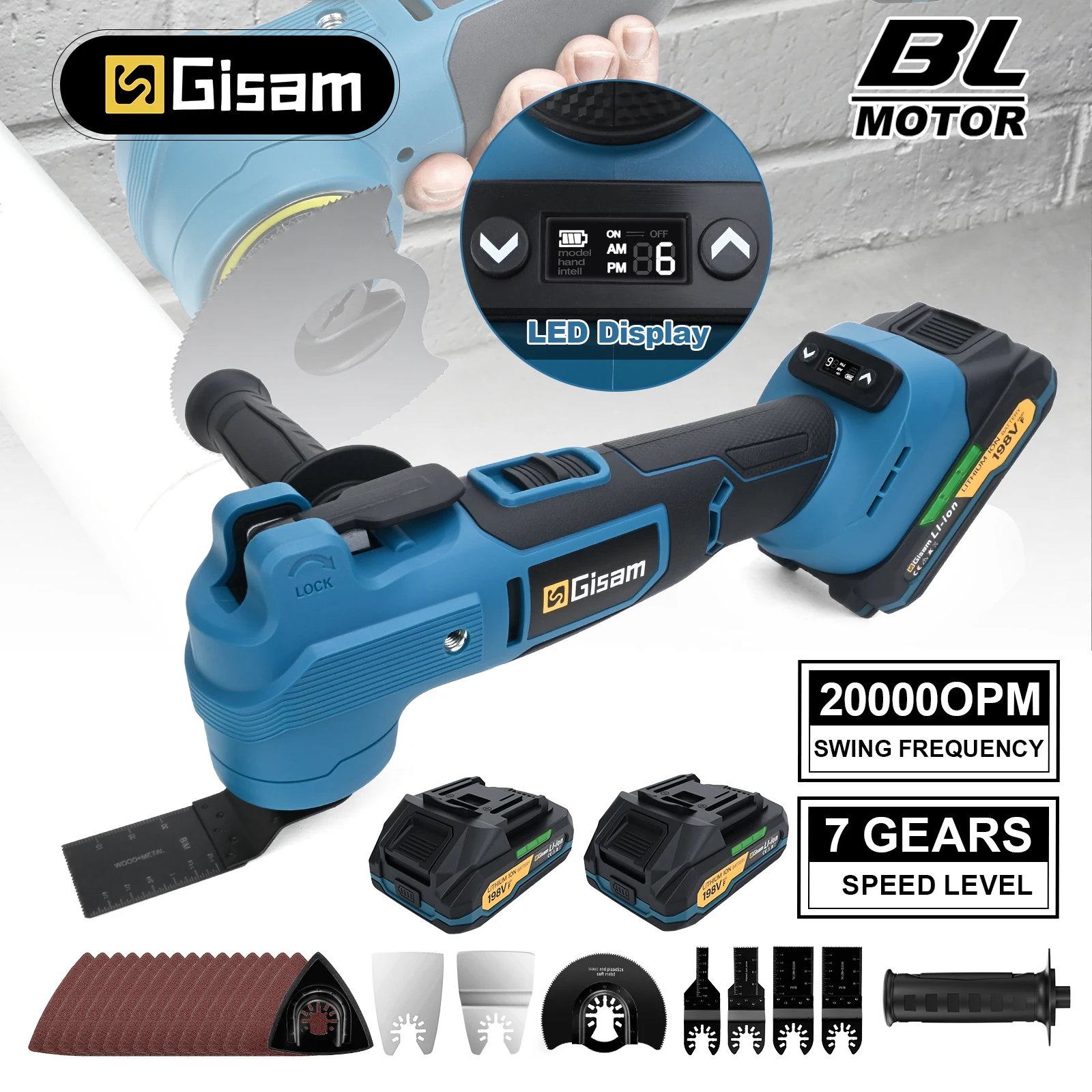 Gisam 20000OPM Brushless Oscillating Multi Tools Function Tool 7 Gears Electric Saw Trimmer Shovel for Makita 18V Battery Pin