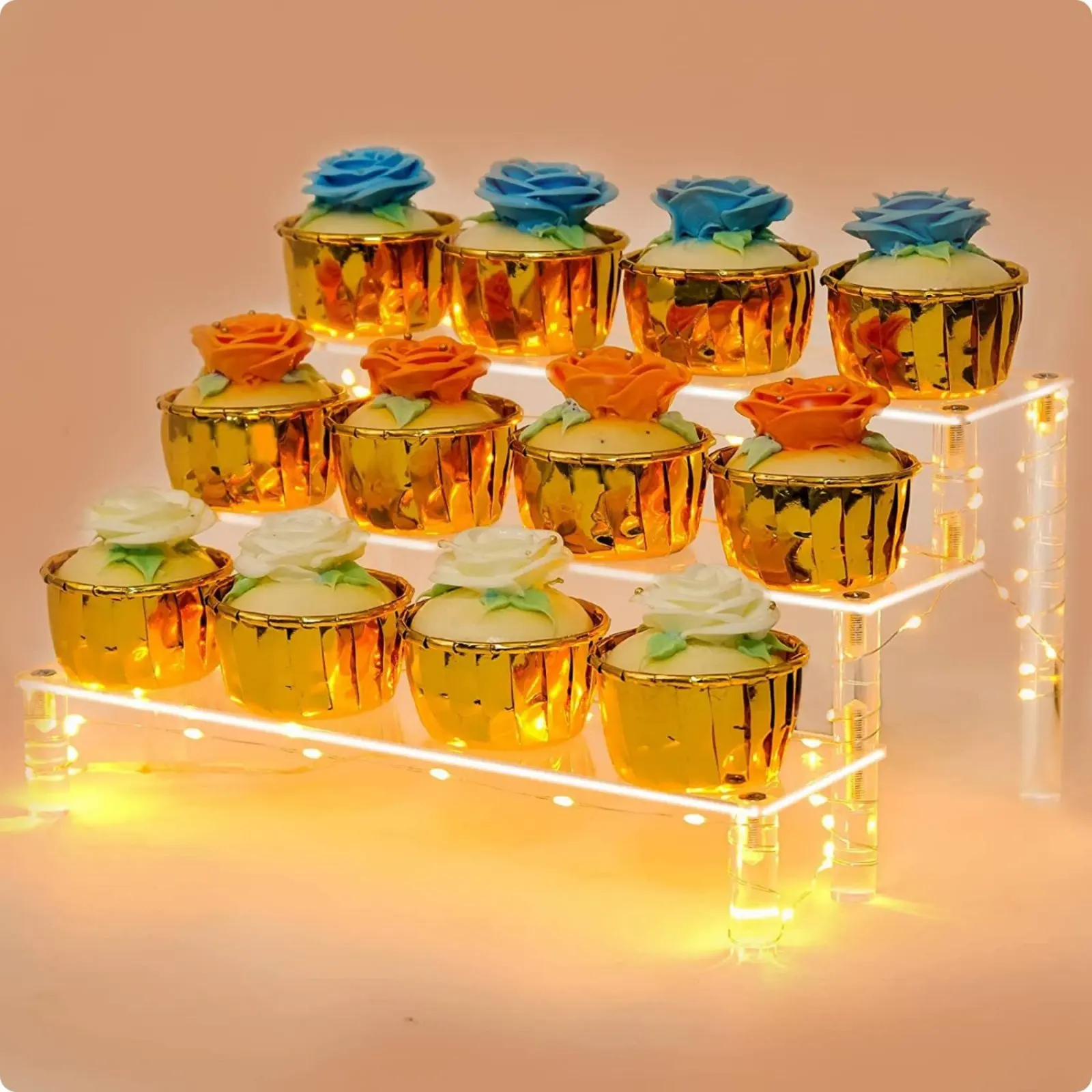 Lighted Display Stand Space Saving Tiered Acrylic Shelf Acrylic Display Riser Sturdy and Stable Long-Lasting for Home Decor
