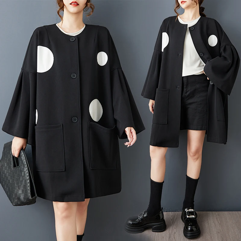 

Faionable Patchwork Polka Dot Batwing Sve Oversized Jaet Spring Autumn Personali Outerwear Cotton Polyester Blend