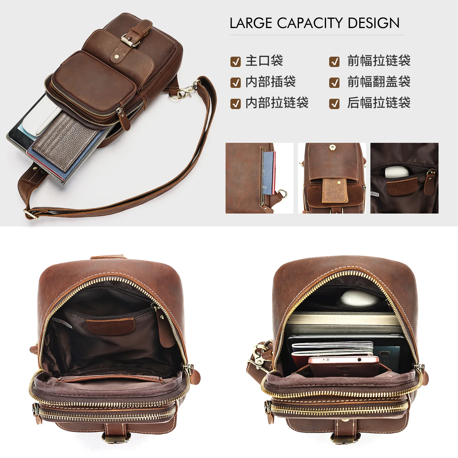 Men's Crazy Horse Leather Crossbody Bag - Vintage 15L Chest Messenger Pack with Quick Access Pocket