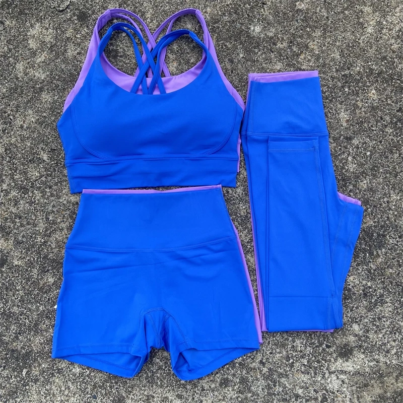 3 Piece Gym Sports Set Yoga Set Women Workout Clothes Fitness Suit Cross Straps Bra High Waist Shorts Leggings Running Tracksuit