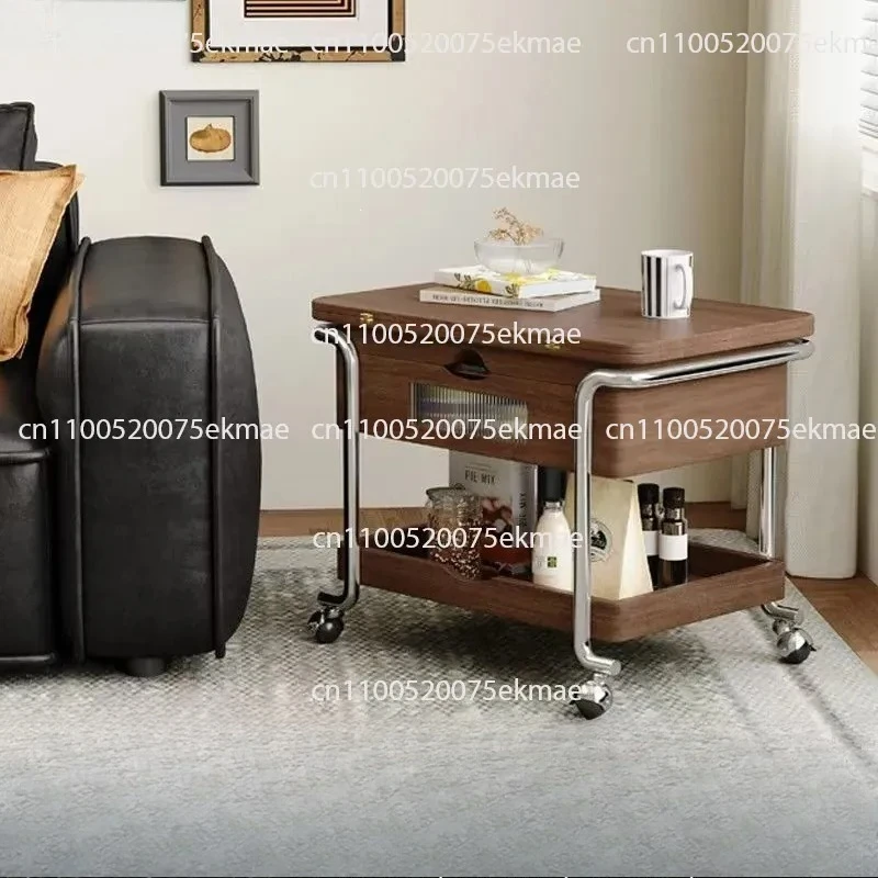Caramel Color Medieval Trolley Living Room Dual-purpose Movable Folding Movable Small Push Table Liftable Coffee Table