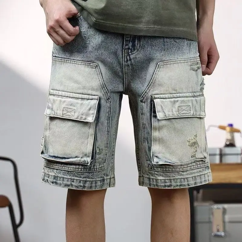 

Мужские джинсовые шорты American Sle Heavyweight Retro Washed Multi-ket Workwear, свободные, прямые, средней длины, с пятью карманами