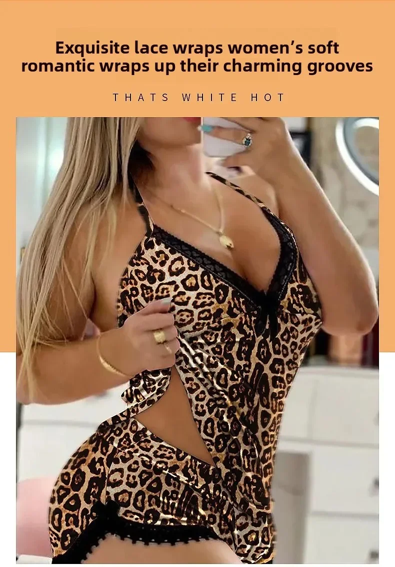 Sommerliche Freizeit-Loungewear für Damen: Ärmelloses, sexy Nachthemd mit Spitzenbesatz, Homewear, Träger-Schlafanzug, Shorts und Träger-Pyjama-Set – Detail 7