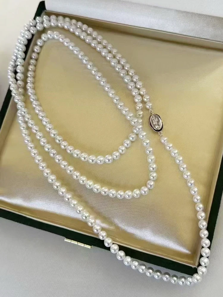 Simple and Elegant Pearl Sweater Chain with 4-5mm Round White Luster Freshwater Akoya Pearls 120cm for Multiple Wearing Styles