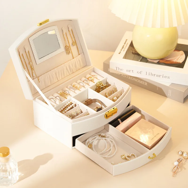 

Folding Jewelry Box with Lock and Double Drawers for Children's Accessories, Travel Ring Necklace Earring Jewelry Storage Box