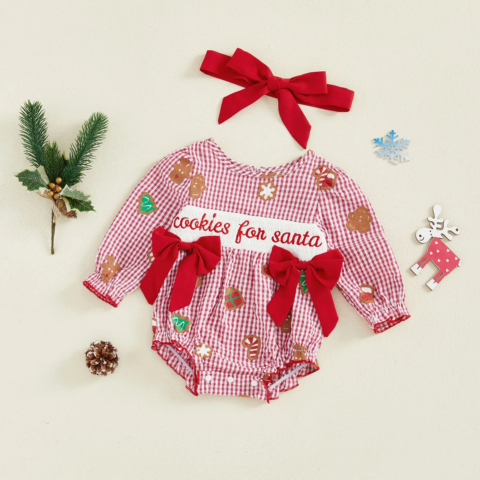 

Рождественский наряд для маленьких девочек, клетчатый комбинезон с печеньем, Санта-Клаусом и длинными рукавами, боди с пузырьками, повязка на голову, осенняя одежда