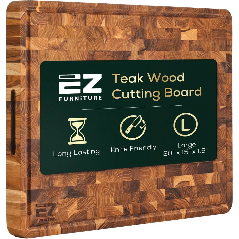 

20" x 15" x 1.5" Teak Wood Cutting Board, End Grain with Juice Groove and Handles, Knife Friendly, Suitable for Chopping, Aesthe