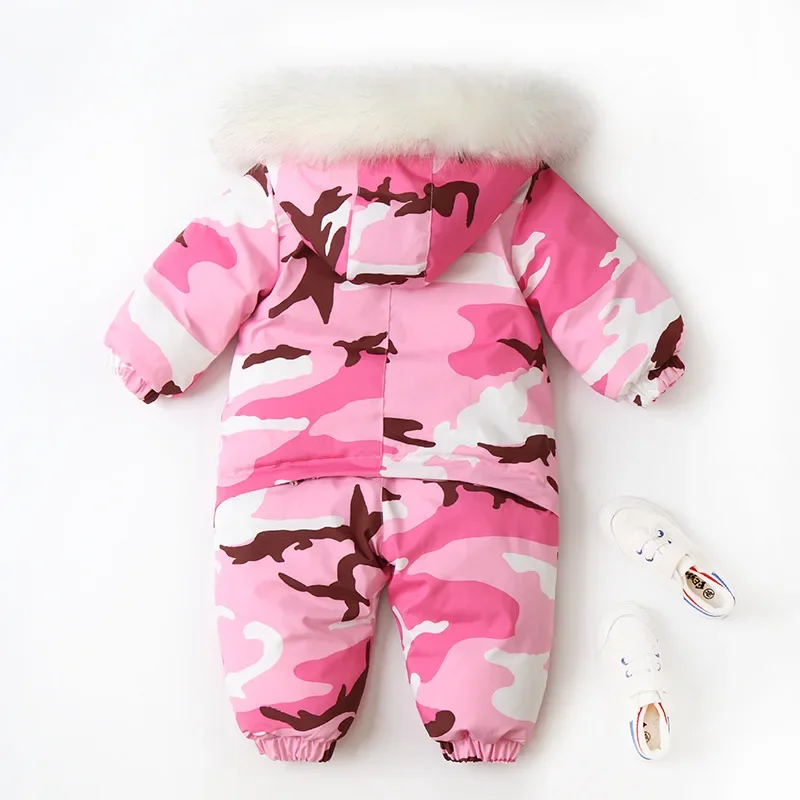 Setelan pakaian Ski bayi kamuflase, jumpsuit hoodie kerah bulu untuk anak perempuan, baju monyet bayi, setelan Ski mode kamuflase musim dingin 2024