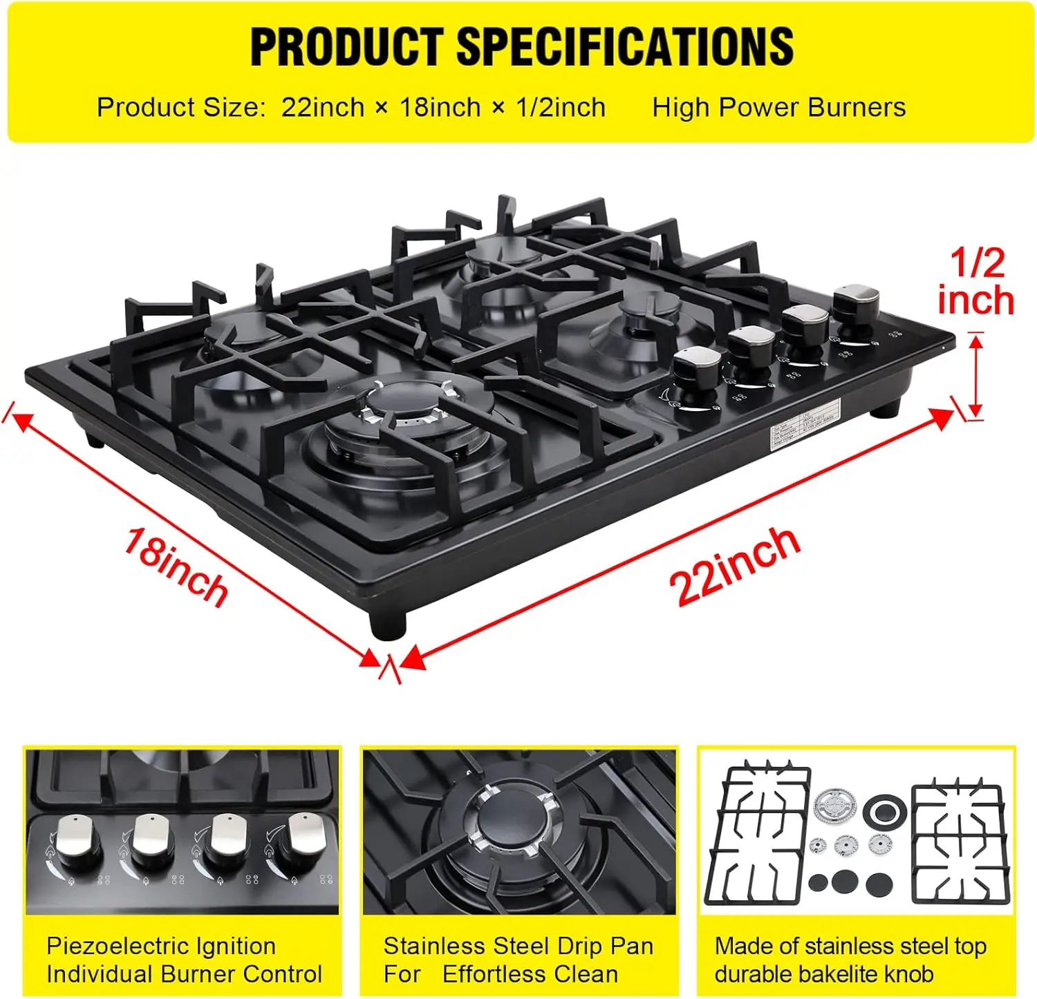 Gas Cooktop 22Inch，Built in Gas Cooktop 4 Burners Stainless Steel Stove with NG/LPG Conversion Kit Thermocouple Protection and E