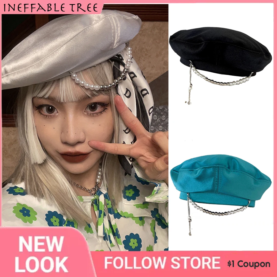 Y2K Vintage Satin Beret Hats For Women 2022 Pearl Chain Korean Female Painter Hat Girls Personality Beret Boina Gorras