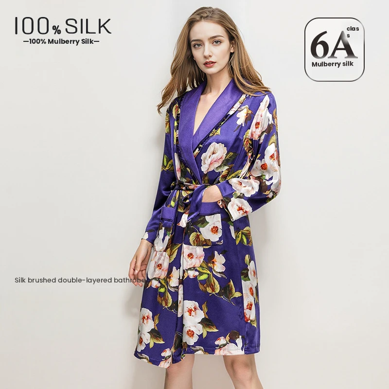 Autumn Winter 30 Momme Silk Robe Women Mulberry Silk Fleece Lined Double Layer Bathrobe Spray Print Soft Sleepwear House Coat