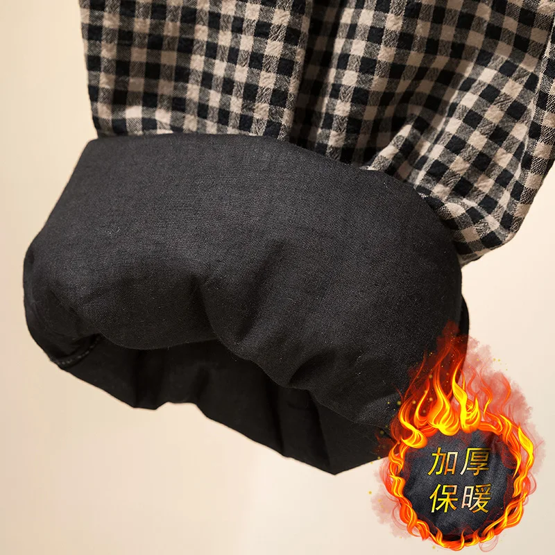 Pantalon à jambes larges en coton et lin, isolation épaisse et grille en coton, pantalon Haren, mode et décontracté, hiver, nouveau pour femmes