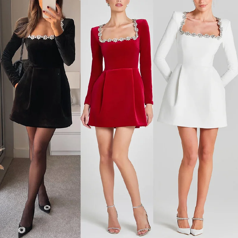 

Women's Elegant Square-Neck Pearl-Embellished Short Dress with Lace Monochromatic Flocked Long-Sleeve Party Gown New Stylish