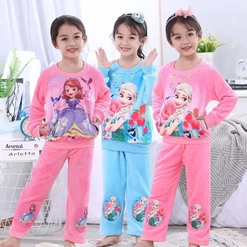 Autumn Winter Baby Girls Pajamas Cartoon Frozen Anna Elsa Sofia Clothing Set Kid Long Sleeve Home Sleepwear Children Nightgown