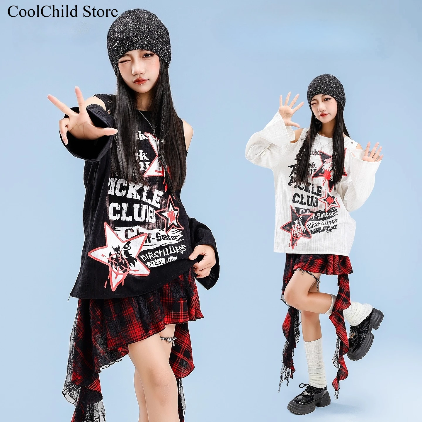 Girls K-pop Off Shoulder Sweatshirt Train Skirt Kid Hip Hop Streetwear Street Dance Costume Children Jazz Girl Group Clothes Set