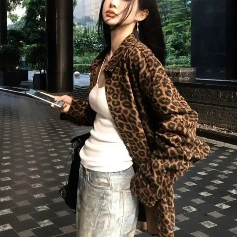 

2000s Vintage Leopard Shirt Women Casual Long Sleeve Elegant Retro Blouse Japan Fashion Clothing Office Lady Autmn Thin Tops