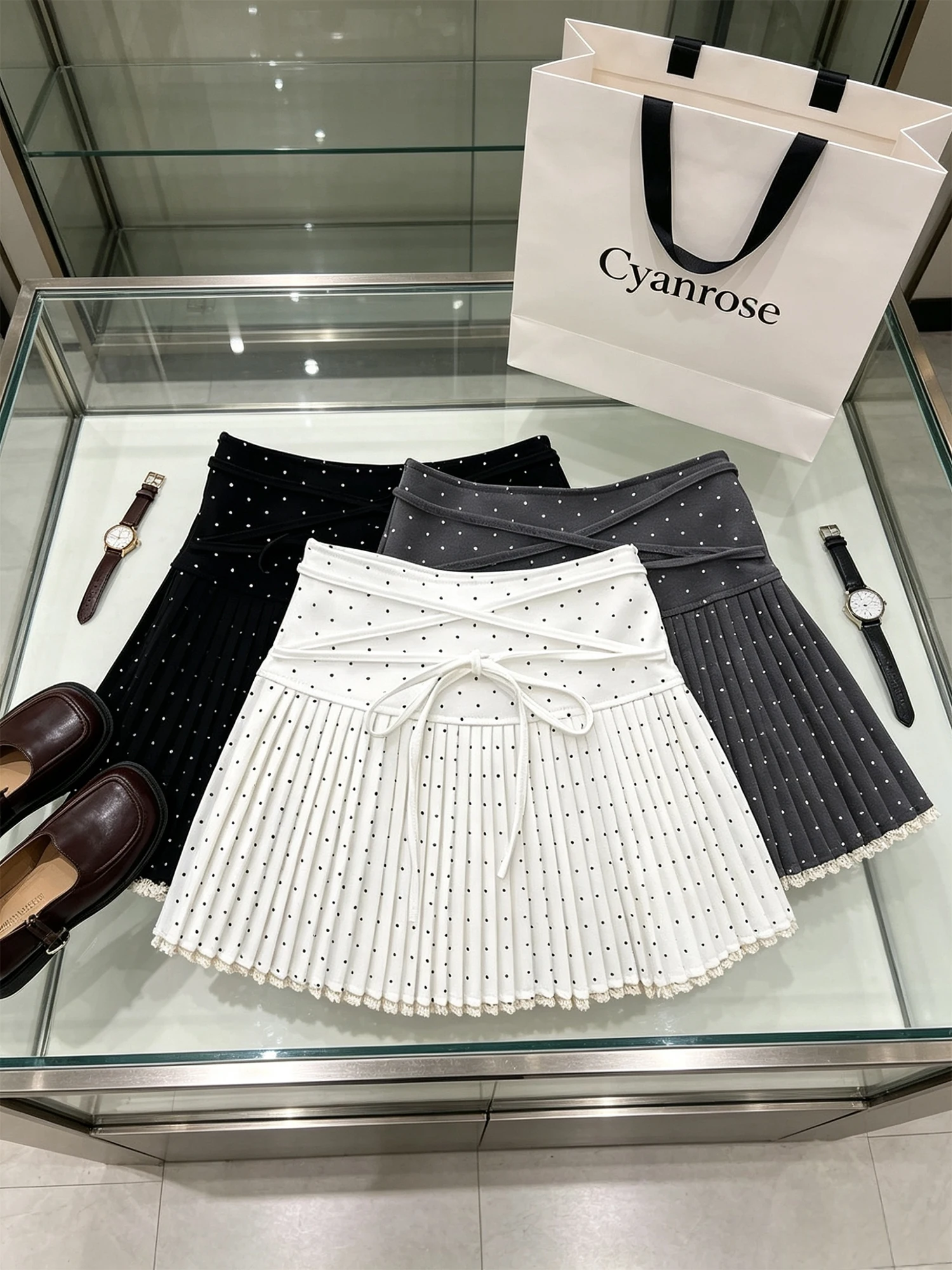 Women's White Mini Skirt Y2K Gyaru Vintage Korean Style Polka-dot Skirt Lace Up High Waist A-Line Skirts for Women Summer 2026
