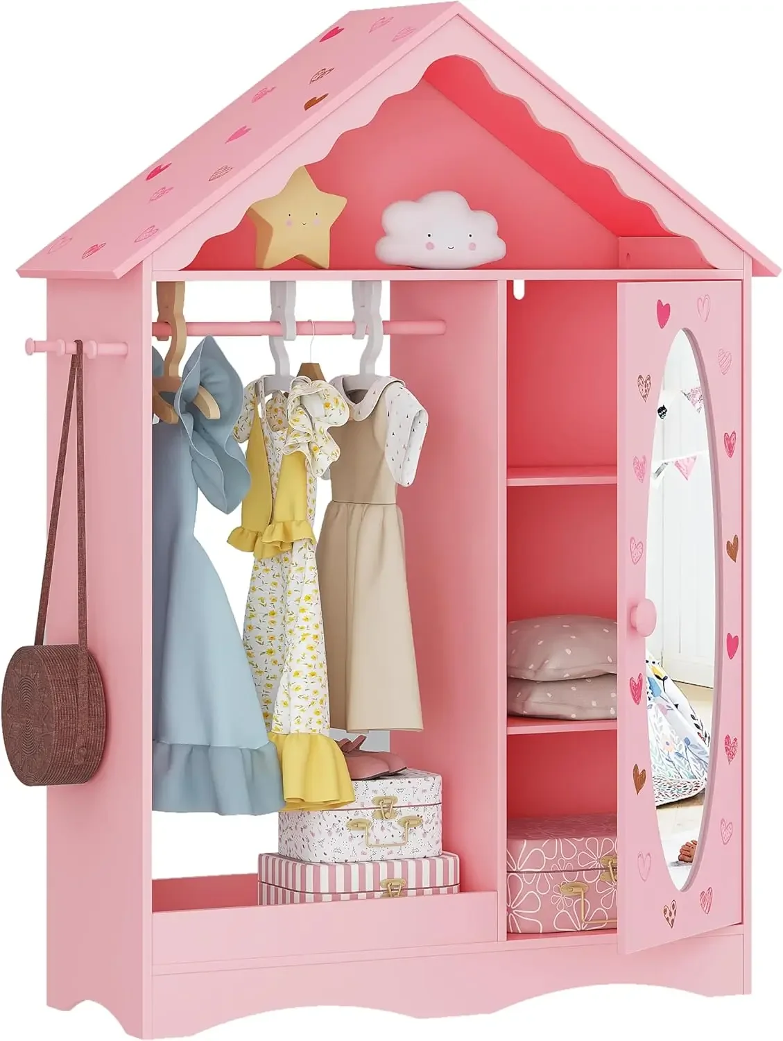 Kids Dress Up Storage with Mirror, Kids Wardrobe Closet, Dress Up for Little Girls, Open Hanging Kids Costume Organ