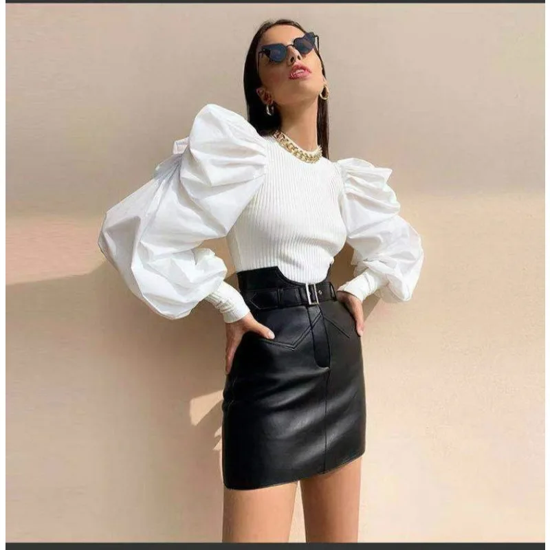 

Autumn Women Ribbed Slim Shirt Top Elegant Y2K Long Lantern Sleeve O Neck Corset Splicing T-shirt INS Club Wear Streetwear