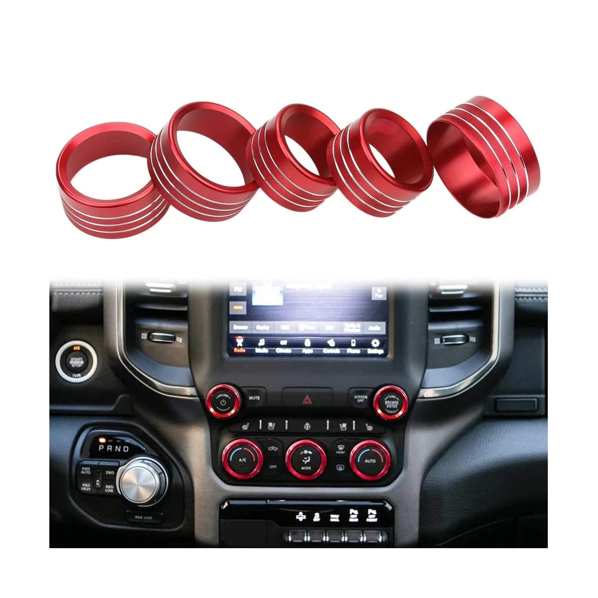 For Dodge Ram Accessories 2018-2021 Control Knob Cover AC/Volume/Mode/AUTO/Browse Switch Decor Button Trim,Red 5PCS