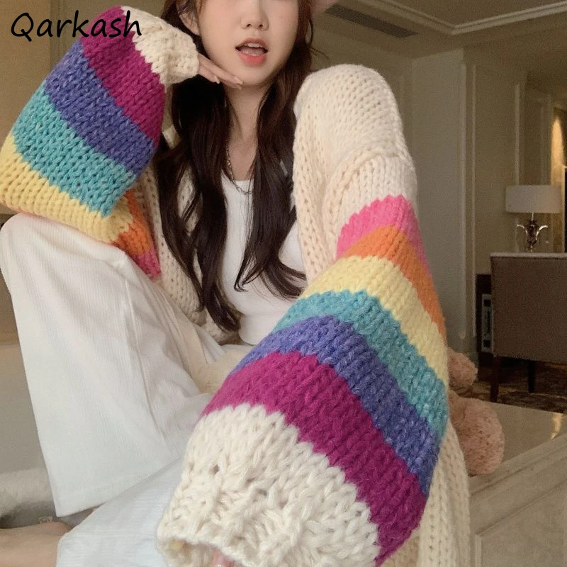 Cardigans Women Autumn Winter Rainbow Striped Loose Office Ladies Korean Stylr Lovely Knitted Sweaters Simple Long SleeveCasual