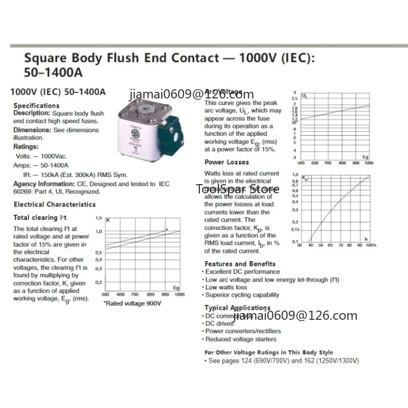 170M4926 170M4927 170M4928 170M4929 170M4930 High Speed Fuses 1000V IEC Square Body Flush End Contact 50‑1400A