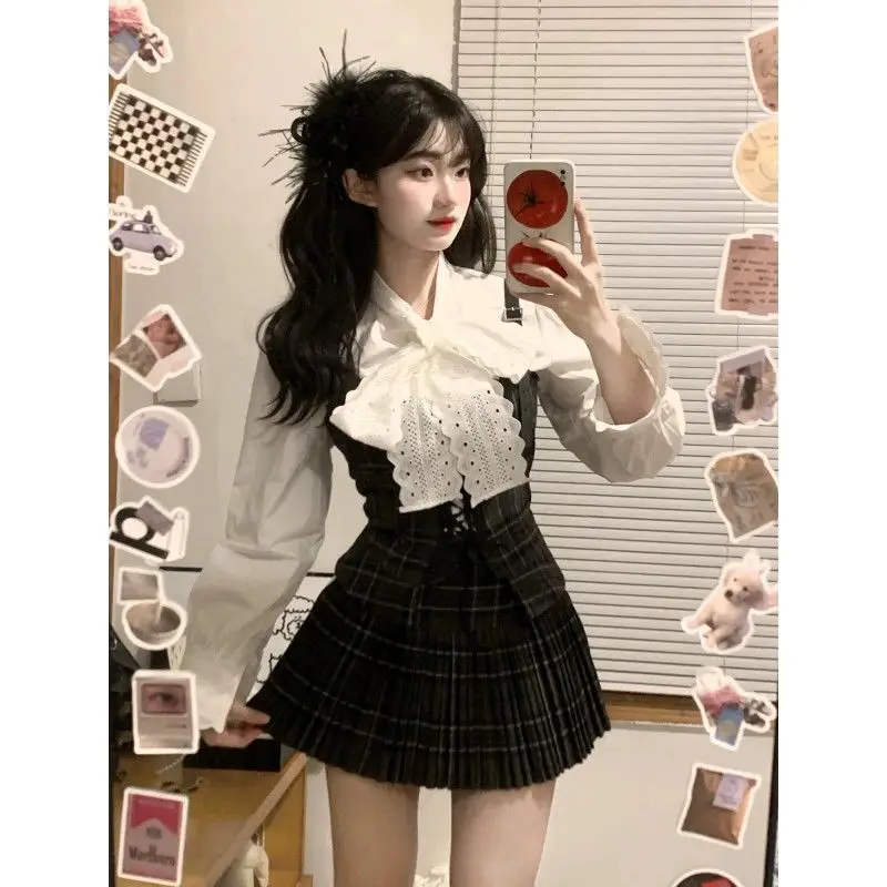 American Vintage Suits Women Casual Blouse Shirts + Vest + Skirts Casual 3 Piece Sets Korean Fashion Clothing Autumn Chic