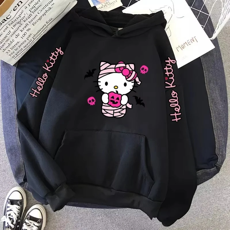 

Long Sleeve Women's Essential Hoodie MINISO Sanrio Character Halloween Hello Kitty Pattern Sweatshirt Winter Large Size Pullover