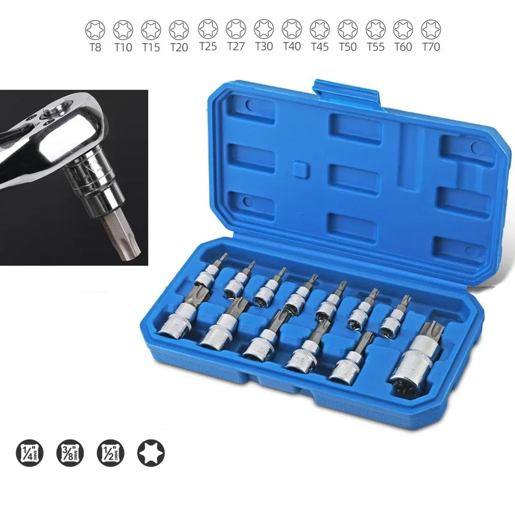 

13pcs Torx Socket Bit Set 1/4" 3/8" 1/2" Drive Screwdriver Bit T8 T15 T20 T25 T27 T30 T40 Hex Shank Bit Socket Hand Tools