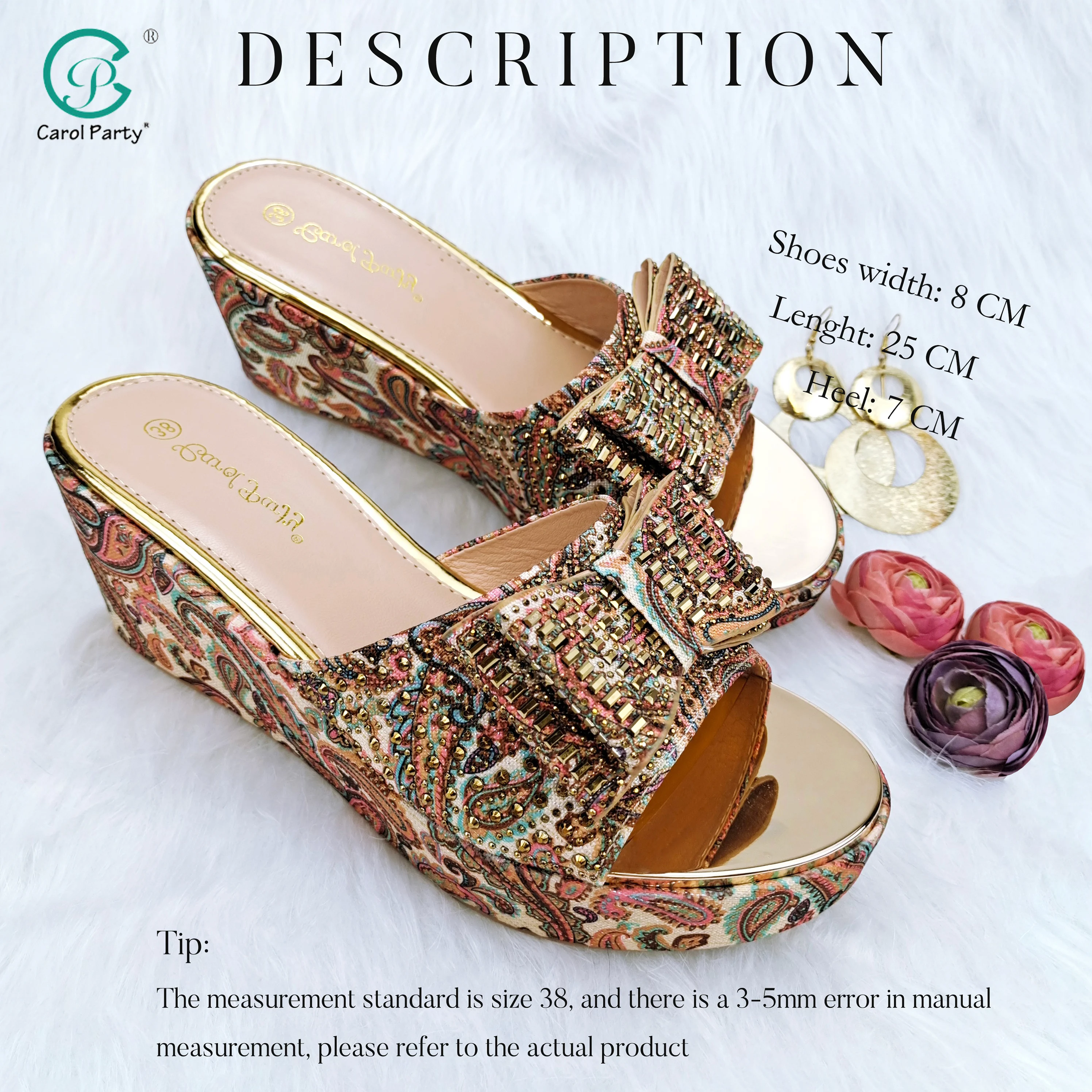 Italian Design Paisley Pattern Gold Color Women's Shoes and Bags Matching Party Fashion and Comfortable Heel Shoes