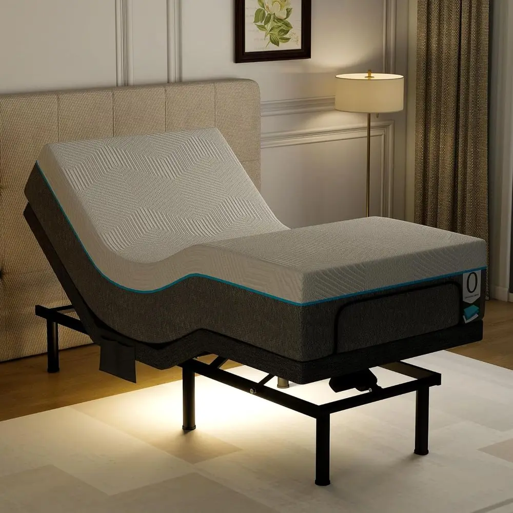 

12 Inch White Gel Memory Foam Mattress with Twin XL Adjustable Bed Base, LED Lights, USB Ports, Wireless Remote