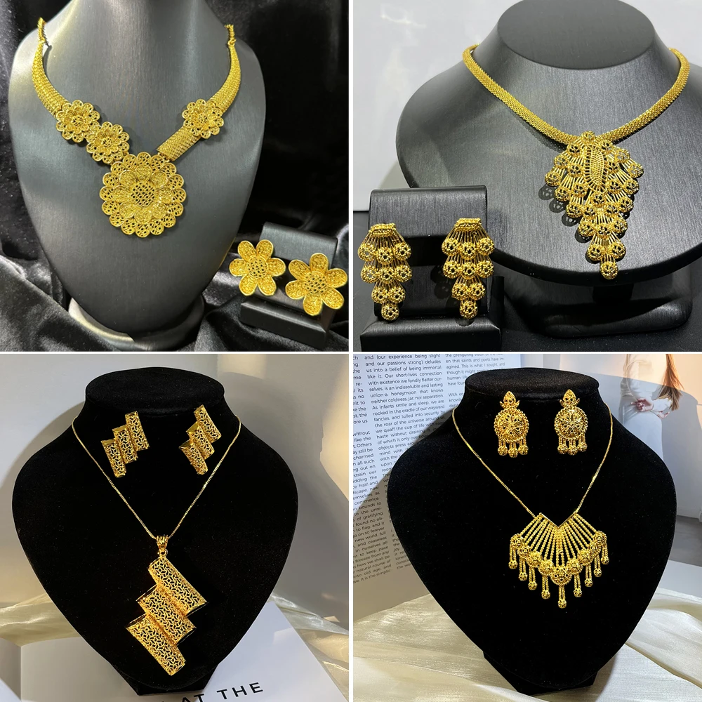 Dubai 24K Gold Color Long Jewelry Sets Wedding African Necklace Earrings For Women Nigerian Indian Bridal Set Party Gifts